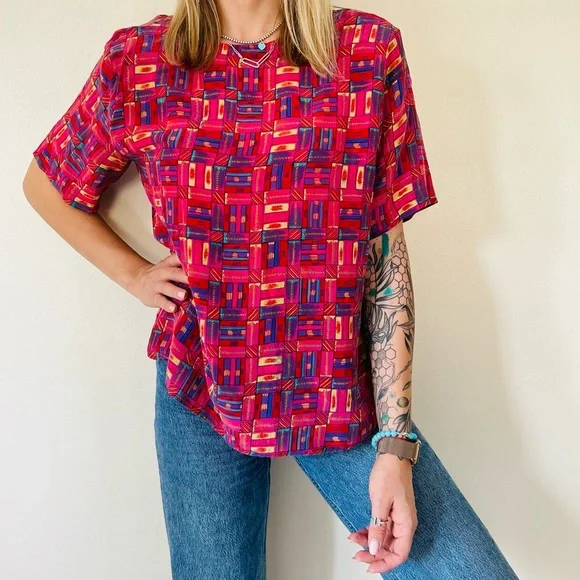 Vintage QUO-SILK Contrast abstract boho Top t-Shirt 100%silk - Picture 1 of 8